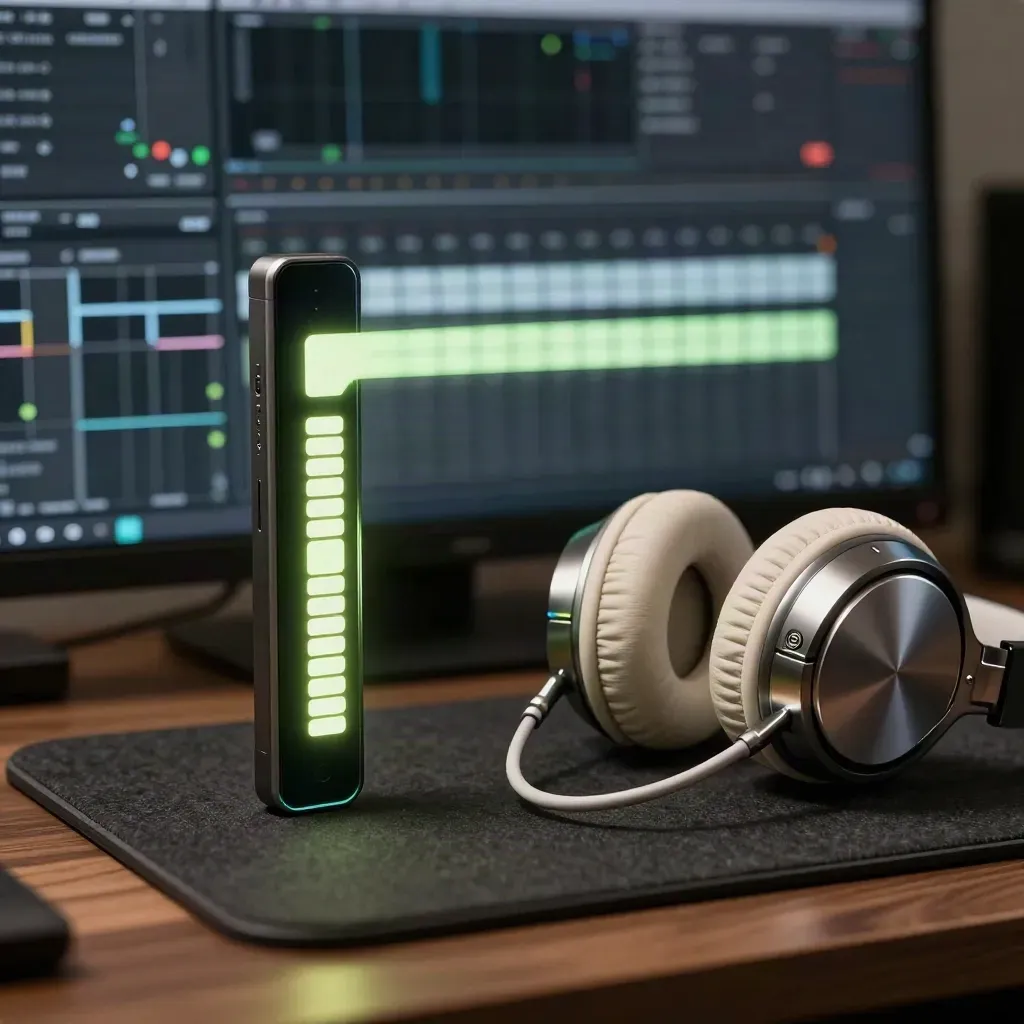 Timeline audio luminosa con player verticale e cuffie su sfondo caldo