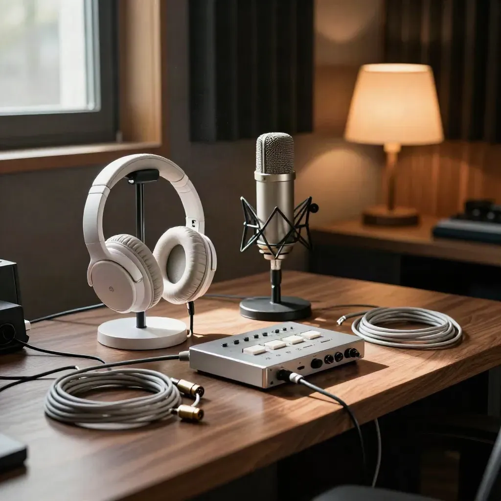 Postazione podcast curata con cuffie bianche, microfoni, cavi XLR e luce calda da studio.