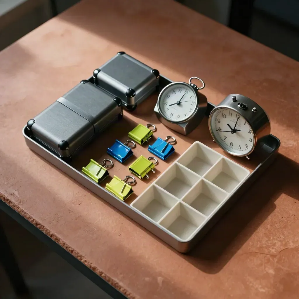 Kit di coordinamento progetti con custodie drive, clip colorate, timer e organizer su terracotta.