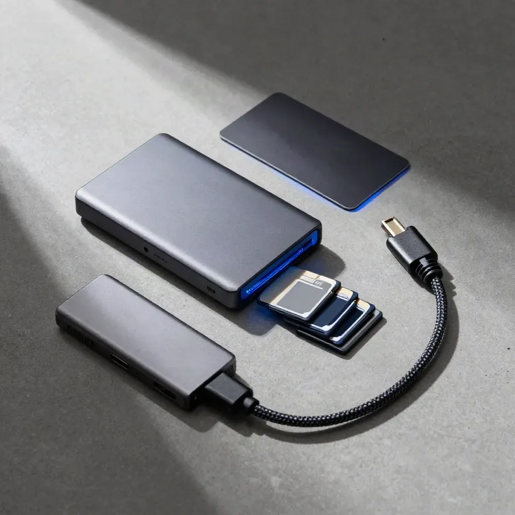 Flatlay dall'alto di schede SD, lettore card, SSD portatile e cavo su cemento, luce blu