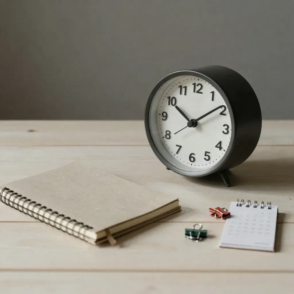 Orologio da tavolo, graffette colorate, notebook chiuso e base calendario su legno chiaro