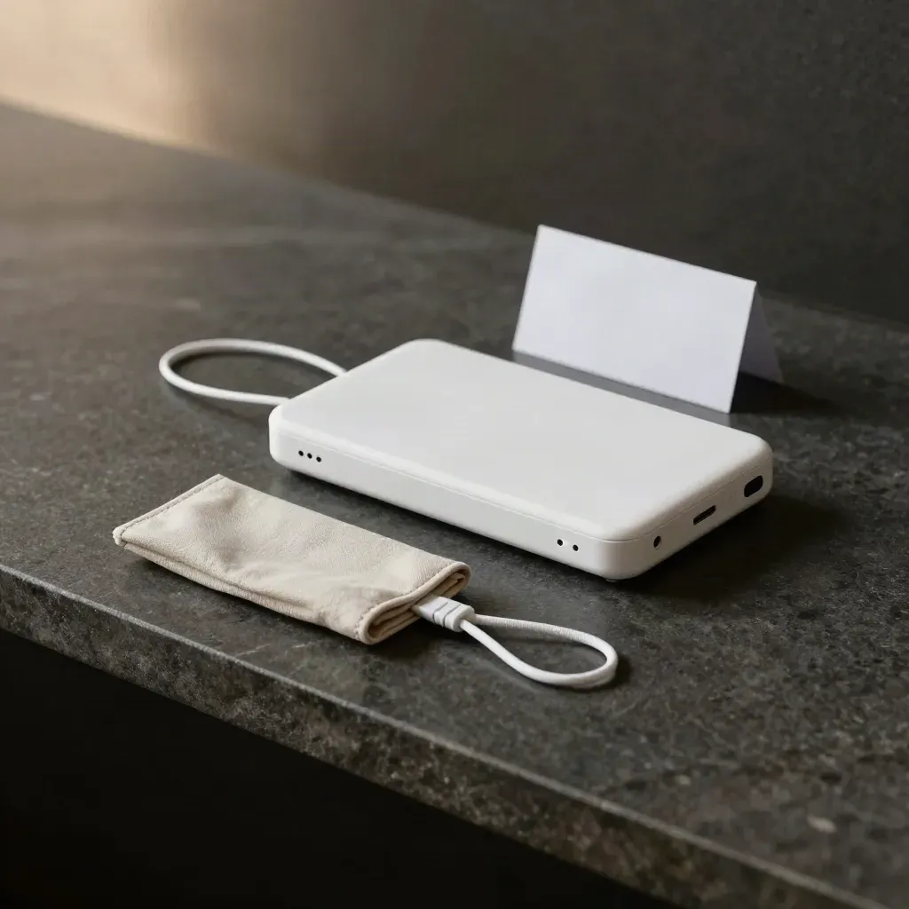 Custodia SSD sigillata, laccio cavi, busta neutra e led su ripiano in pietra scura.